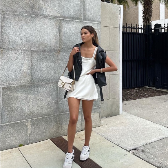 Zara Oyster White Strappy Rhinestone Satin Mini Dress - Picture 7 of 17